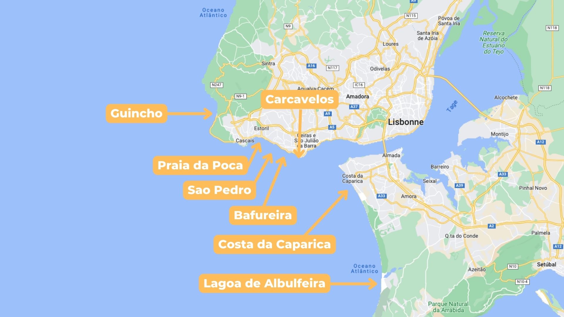 Plan des spots de surf à Lisbonne
