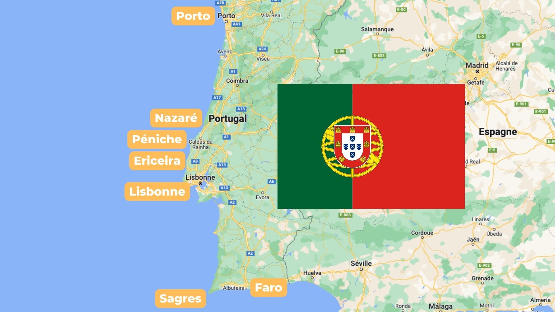 Plan des régions de surf au Portugal