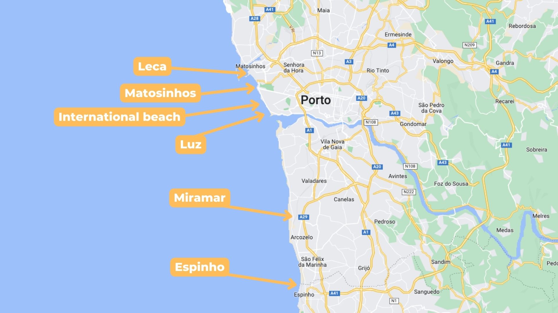 Plan des spots de surf à Porto
