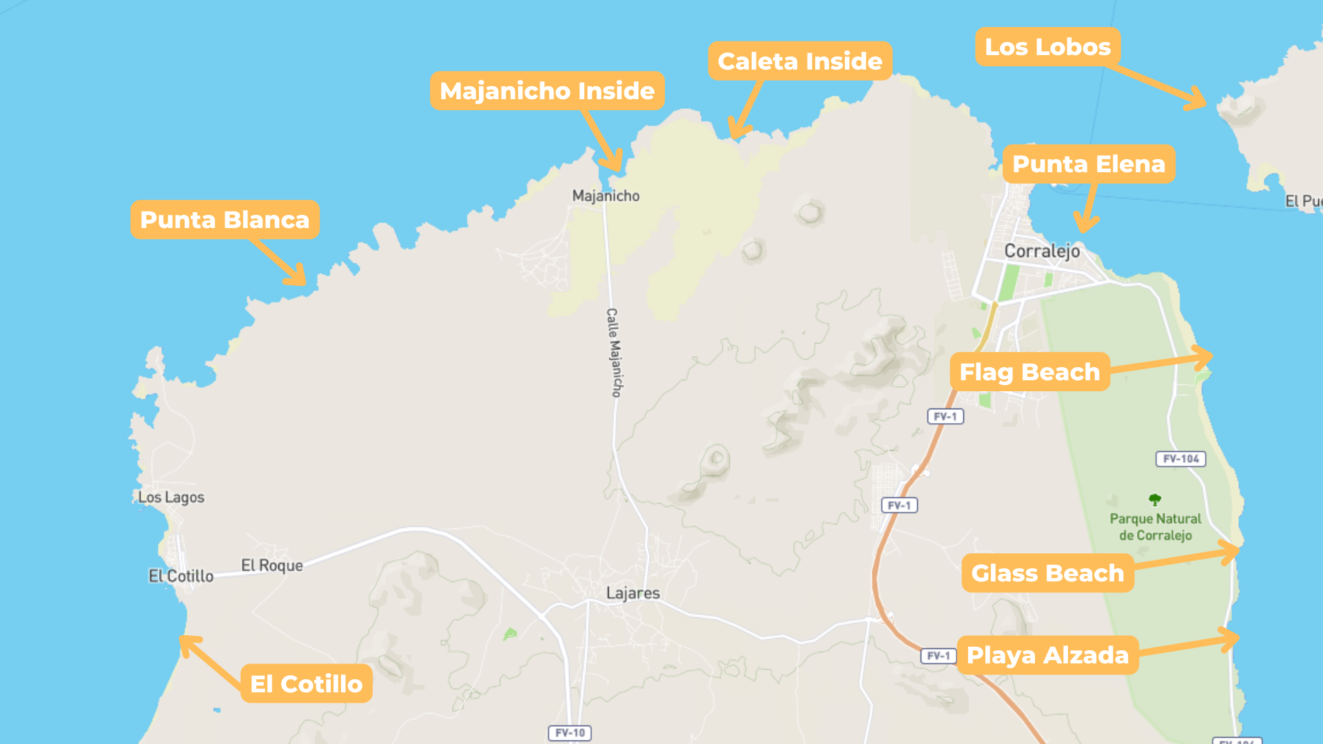 Plan des spots de surf à Fuerteventura
