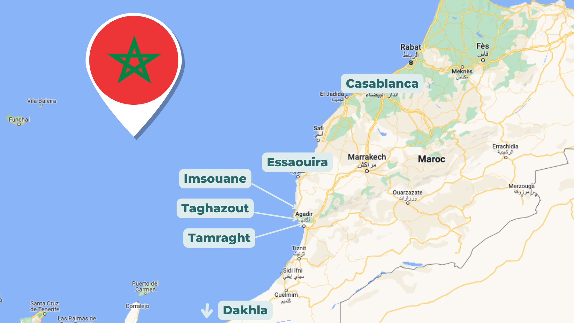 Carte des surf camps au Maroc